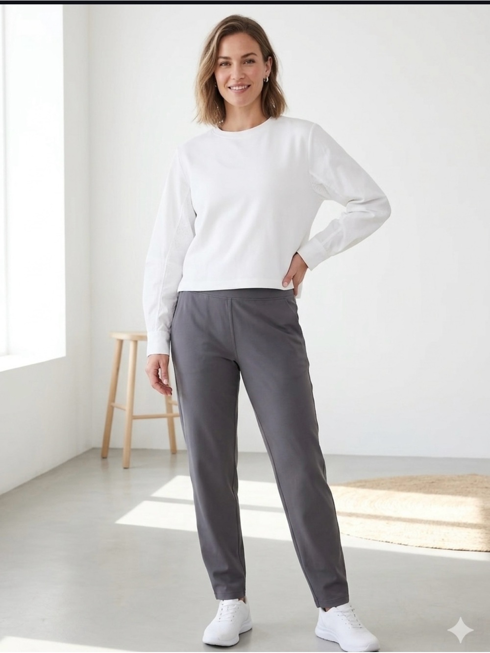 Athleta White Cotton Sweatshirt With Polyester Sleeves With Button Cuffs Size S